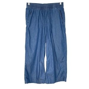 Korean Wide Leg Pants Chambray Cropped Women Cotton Blue Elastic‎ Waist Casual